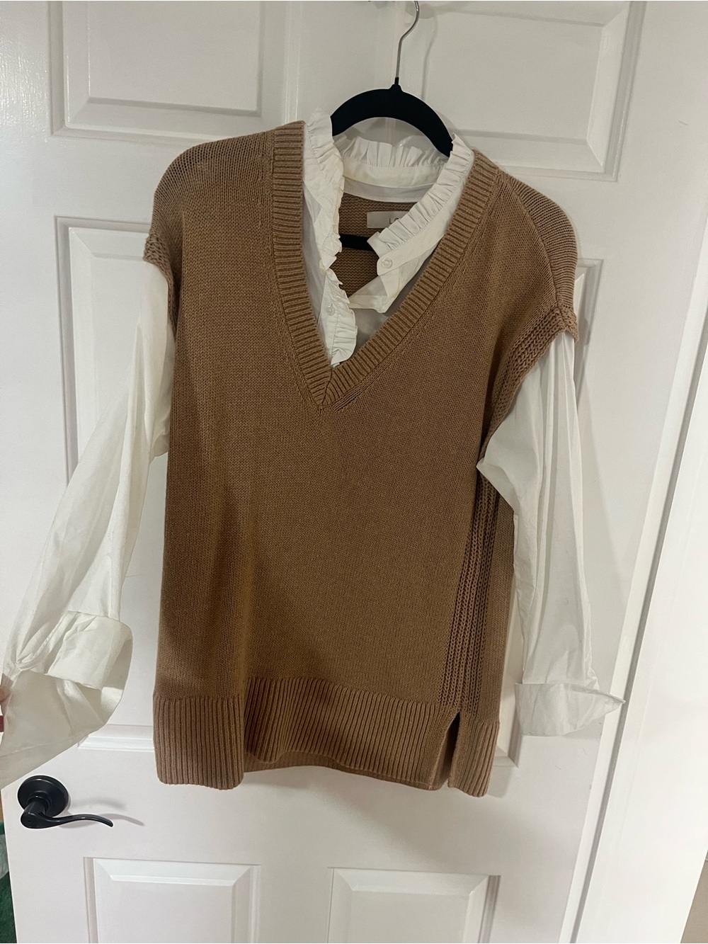 LOFT Camel Brown Knit V-Neck Sleeveless Sweater Vest with White Blouse